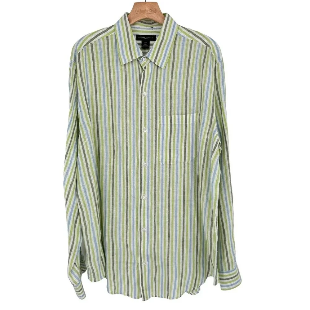 Banana Republic Linen Men's Striped Button Down Shirt Green Blue Size Large
